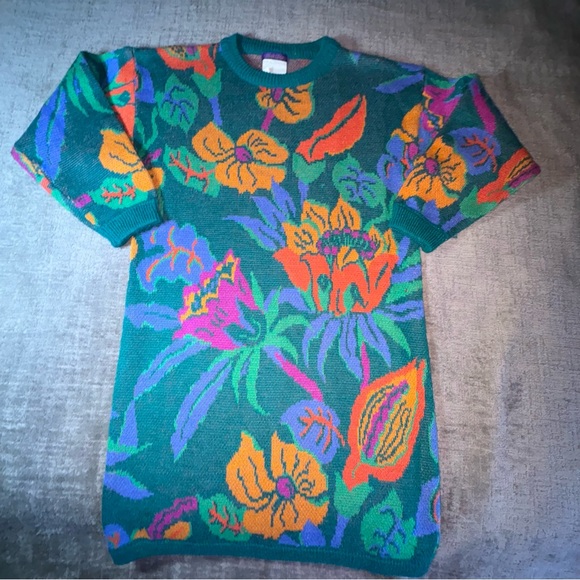 Vintage Esprit Sport SMALL Sweater Dress Bright Tropical Flowers 90’s Y2K Tunic - Picture 1 of 9